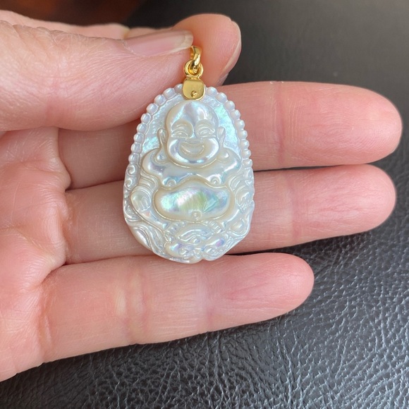 14K Solid Real Gold Carving Happy Laughing Buddha Shell Pearl Pendant
